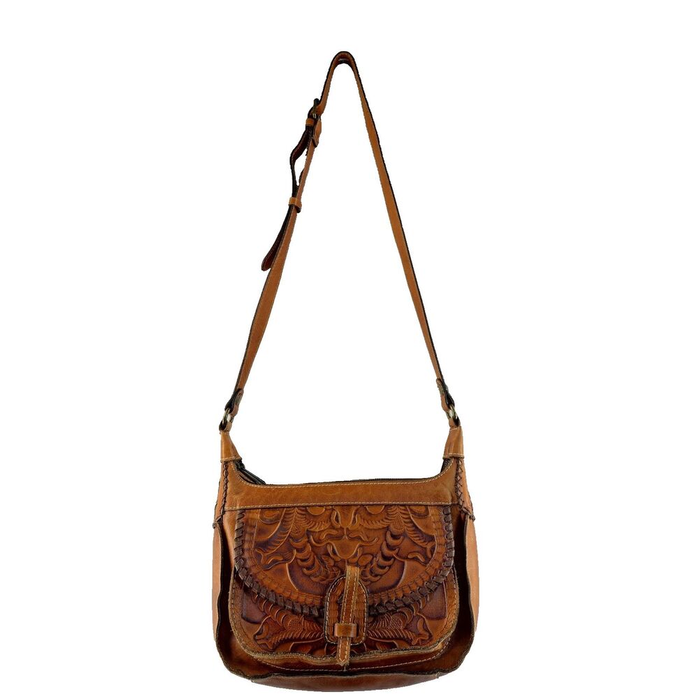 Patricia Nash Camille Tooled Leather Crossbody Bag Western Style Double Zip